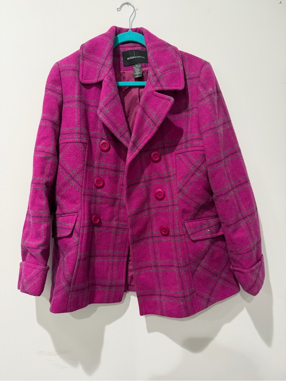 Moda International Fuchsia Plaid Double-Breasted Peacoat